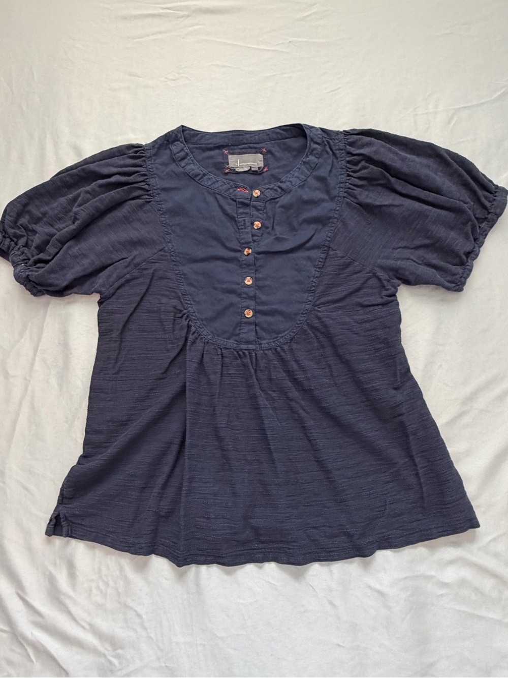 Anthropologie Navy Button-Front Puff Sleeve Blouse